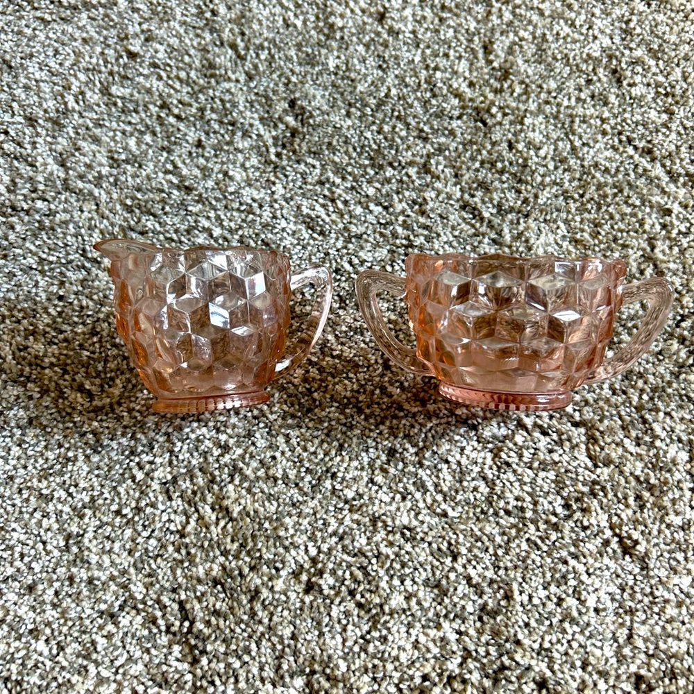 Vintage Jeanette Cube/ Cubist Pink Depression glass Creamer and Sugar Bowel